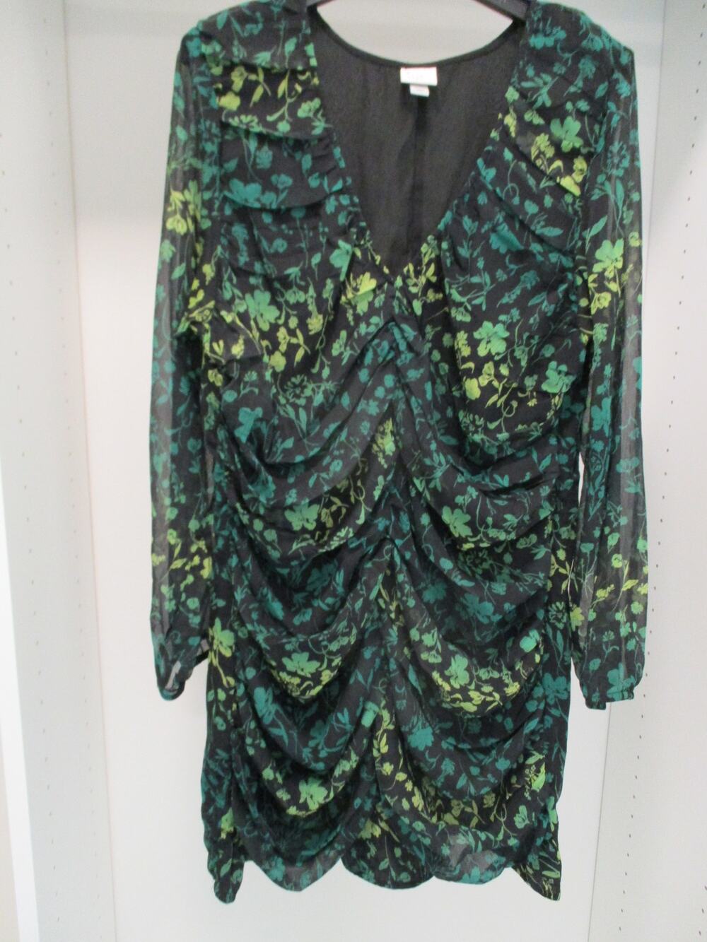 A NEW DAY BLACK GREEN SHEER FLORAL LONG SLEEVE DRESS XXL